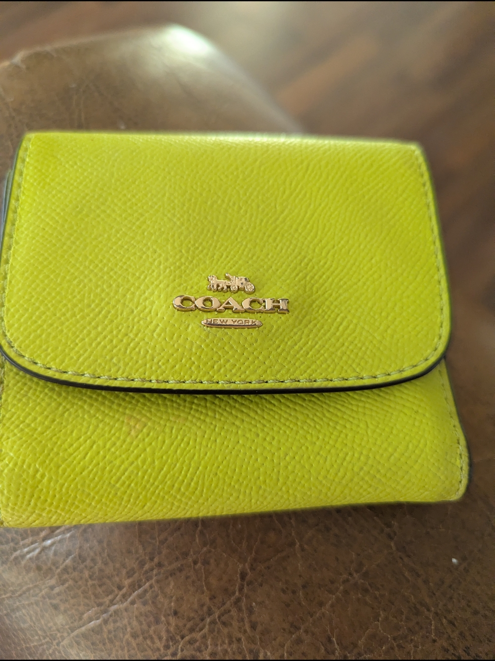 COACH Lime Green Saffiano Leather Compact Wallet with Gold Logo